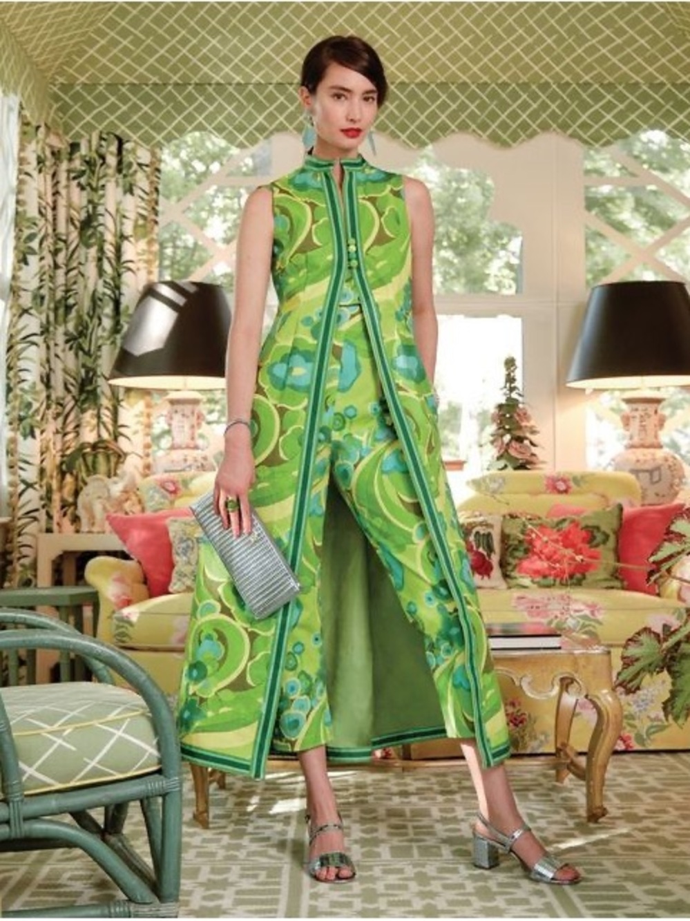 Frances Valentine Green Floral Maxi Dress  Open Vest Ribbon Trim